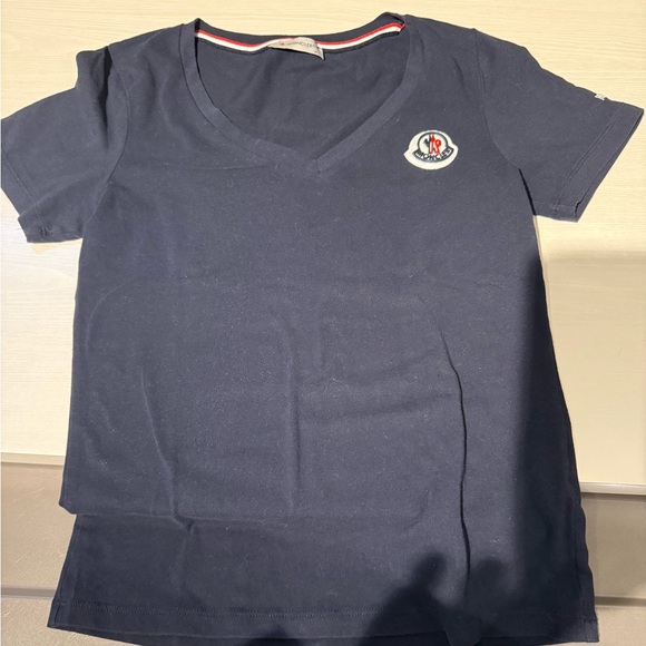 Moncler Dark Blue V-Neck Tee with Logo - Picture 2 of 6